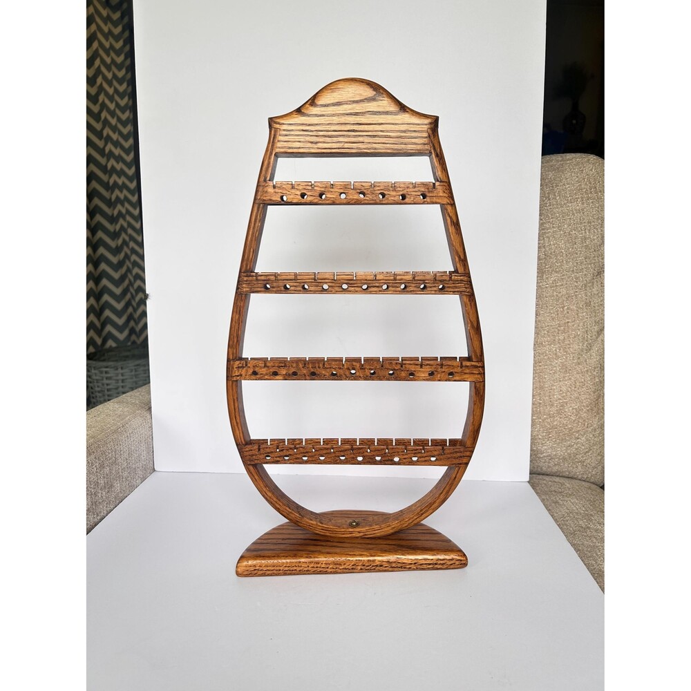 Vintage Arched Wooden Earring Holder Stand – Solid Oak Jewelry Organizer